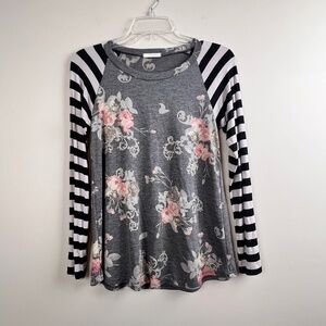 12PM by Mon Ami USA Floral Gray Long Sleeve Shirt Top Size Small